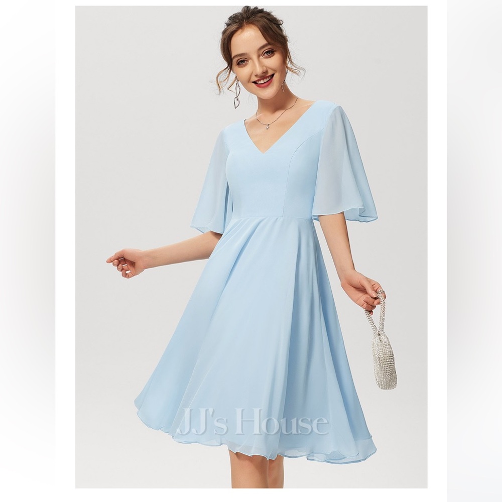 JJs House Blue A-Line Midi Dress with Flutter Sleeves for Weddings